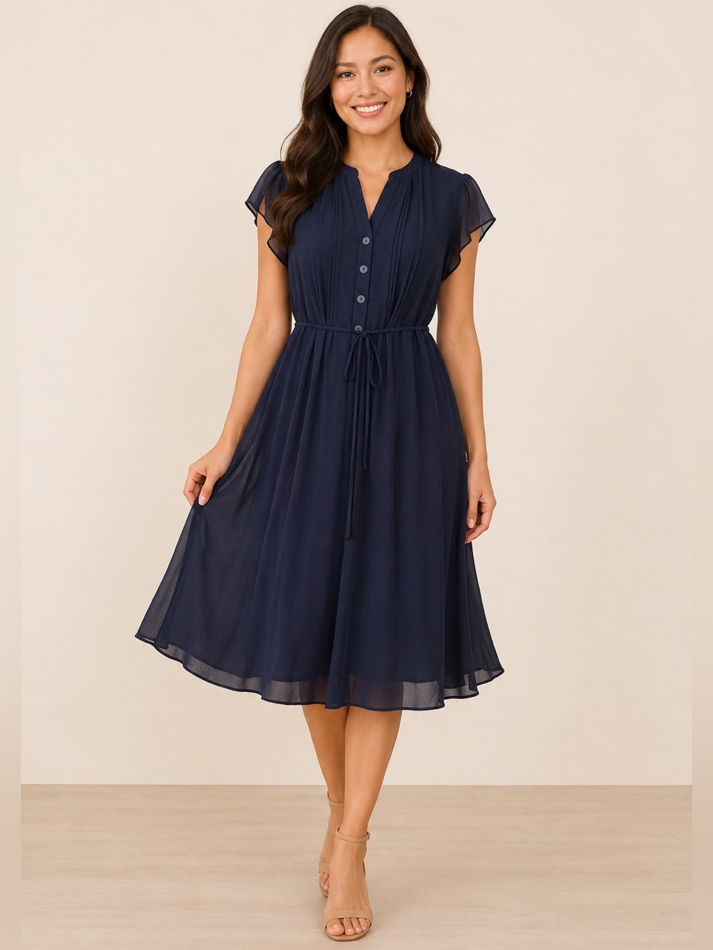 Emma & Michele Navy Blue Lightweight Dress/Pintuck Button V-Neck/Flutter Sleeve